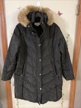 Michael Kors Brown Quilted Women's Winter Coat with Removable Faux Fur Hood